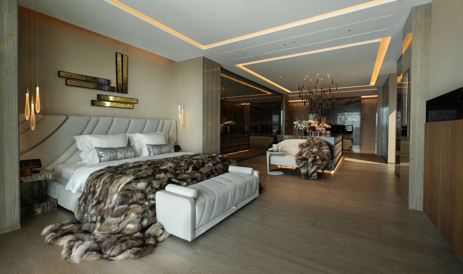 Principal bedroom suite with layered lighting